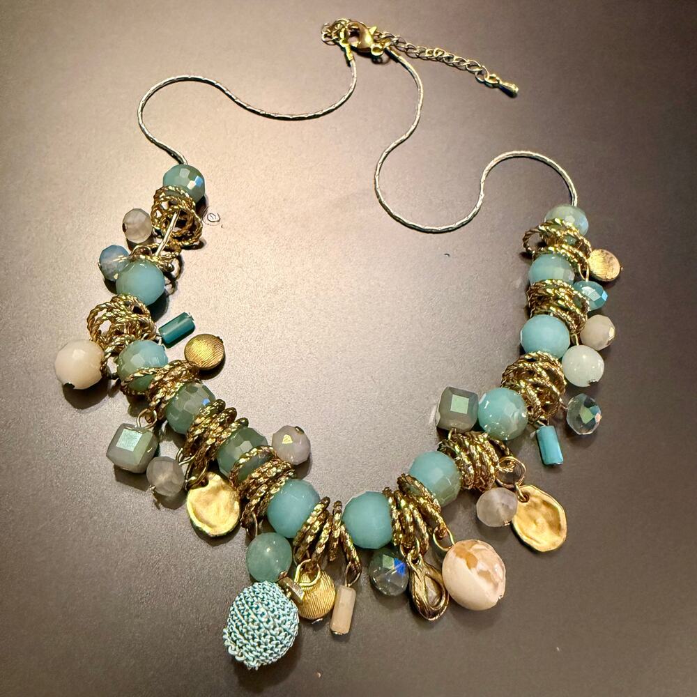 Coastal Inspired Aqua Blue Gold & White Beaded Necklace - Picture 5 of 10